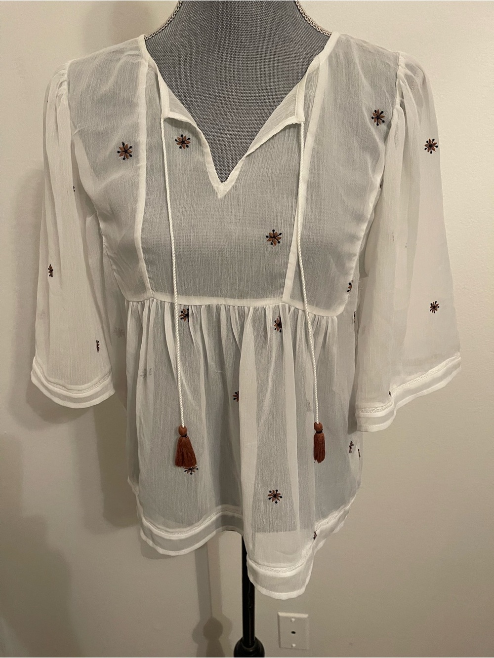 Lucky Brand White Sheer Boho Tunic with Brown Embroidery. Size M